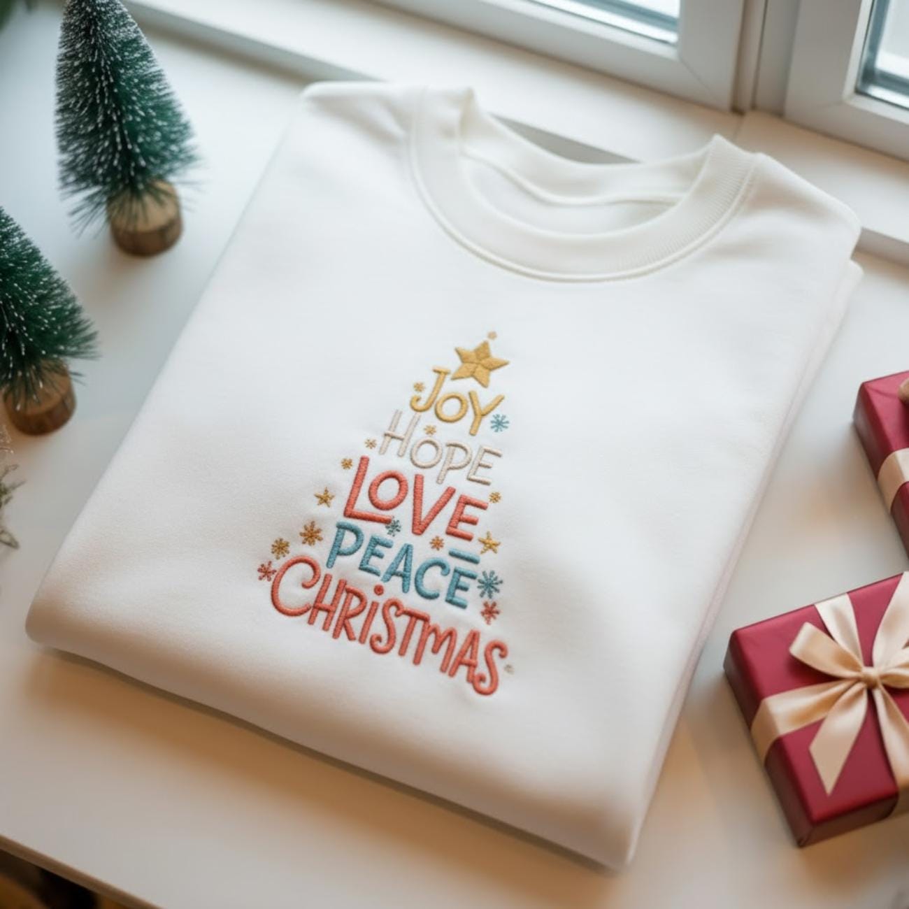 Joy Hope Love Peace Christmas Embroidered Sweatshirt, Christmas Tree Sweatshirt, Christmas Crewneck, Christmas Shirt for Women