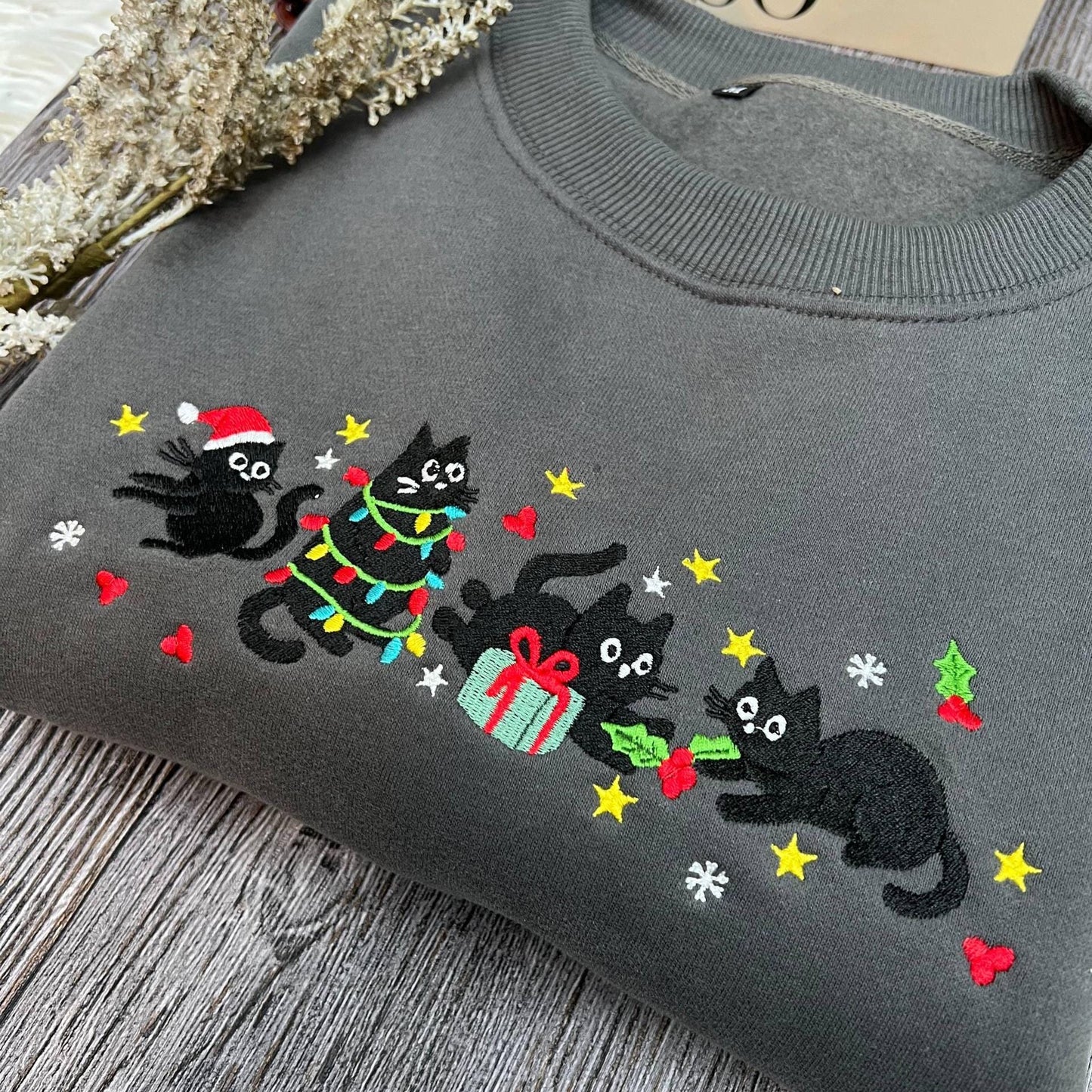 Christmas Cute Cat Embroidered Sweatshirt | Funny Holiday Cat Lover Hoodie | Cozy Embroidered Christmas Sweater