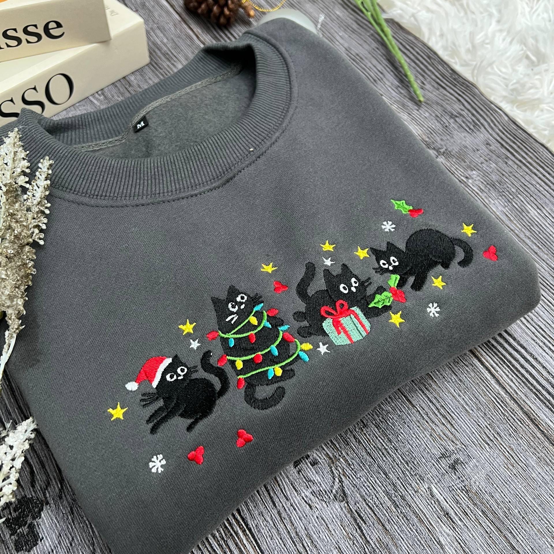 Christmas Cat Embroidered Sweatshirt | Cute Funny Holiday Cat Lover Hoodie | Cozy Embroidery Christmas Sweater Gift