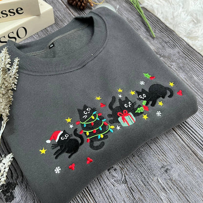 Christmas Cat Embroidered Sweatshirt | Cute Funny Holiday Cat Lover Hoodie | Cozy Embroidery Christmas Sweater Gift