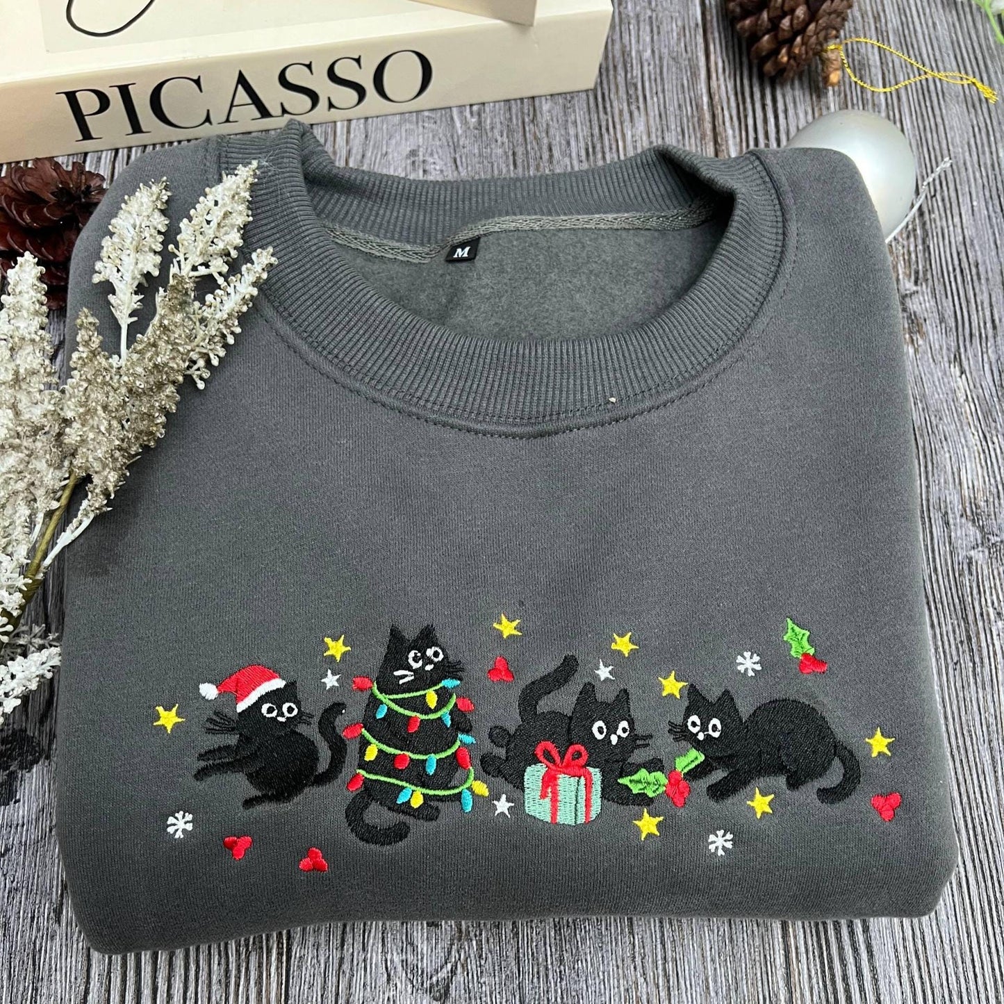 Christmas Cat Embroidered Sweatshirt | Cute Funny Holiday Cat Lover Hoodie | Cozy Embroidery Christmas Sweater Gift