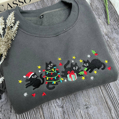 Christmas Cat Embroidered Sweatshirt | Cute Funny Holiday Cat Lover Hoodie | Cozy Embroidery Christmas Sweater Gift
