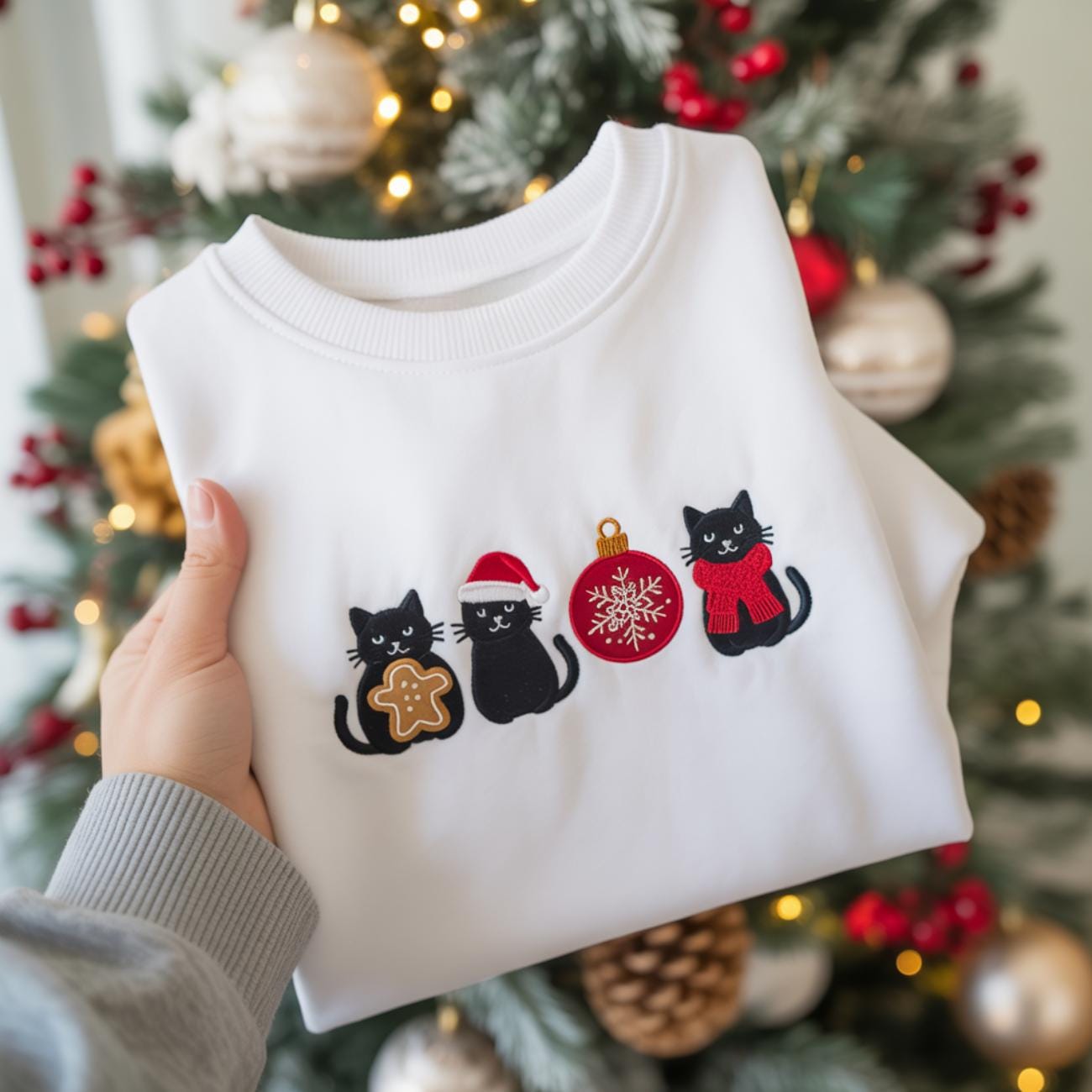 Christmas Black Cats Embroidered Sweatshirt, Cute Holiday Cat Lover Sweater, Festive Kitty Crewneck, Funny Xmas Gift, Cozy Winter Pet Shirt