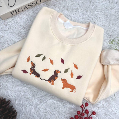 Embroidered Dachshund Dog Shirt, Black Dackel Sausage Puppy Shirt, Fall Dachshund Dog Embroidered Shirt, Tis The Season Shirt,Fall Dog Shirt