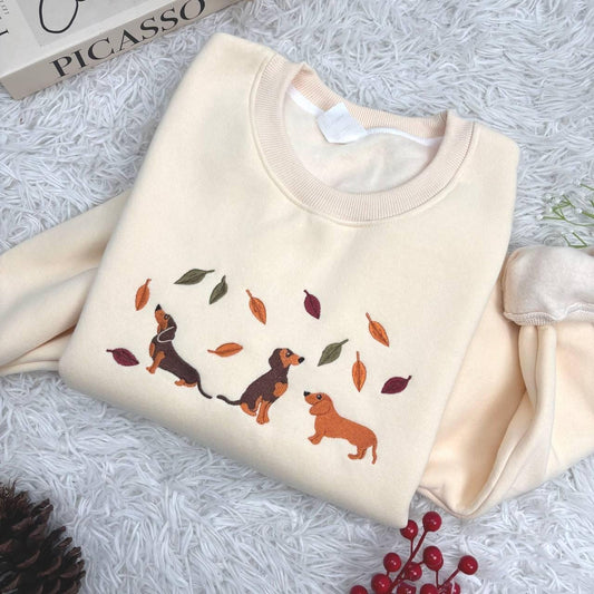 Embroidered Dachshund Dog Shirt, Black Dackel Sausage Puppy Shirt, Fall Dachshund Dog Embroidered Shirt, Tis The Season Shirt,Fall Dog Shirt