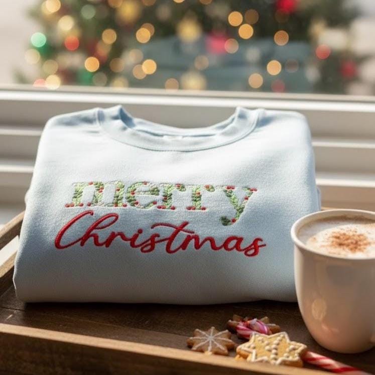 Custom Embroidered Merry Christmas Sweatshirt | Floral Holiday Crewneck | Cute Xmas Embroidery Sweater | Festive Winter Pullover