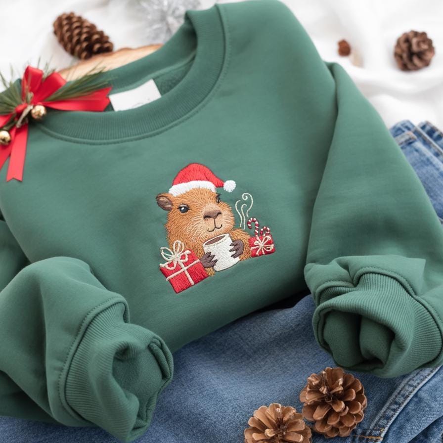 Coffee Capybara Christmas Embroidered Sweatshirt | Merry Xmas Capybara Shirt for Women | Cute Holiday Sweater Gift