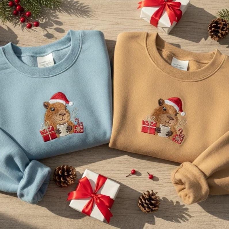 Coffee Capybara Christmas Embroidered Sweatshirt | Merry Xmas Capybara Shirt for Women | Cute Holiday Sweater Gift