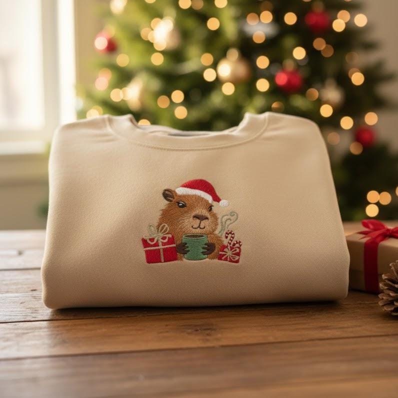 Coffee Capybara Christmas Embroidered Sweatshirt | Merry Xmas Capybara Shirt for Women | Cute Holiday Sweater Gift