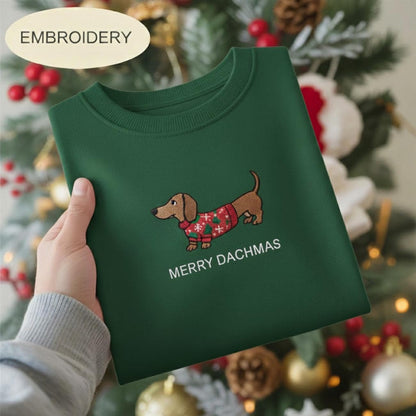 Embroidered Dachshund Christmas Sweatshirt, Comfort Colors Merry Dachmas Shirt, Holiday Dachshund Mom Dog Lover Sweater Doxie Xmas Crewneck