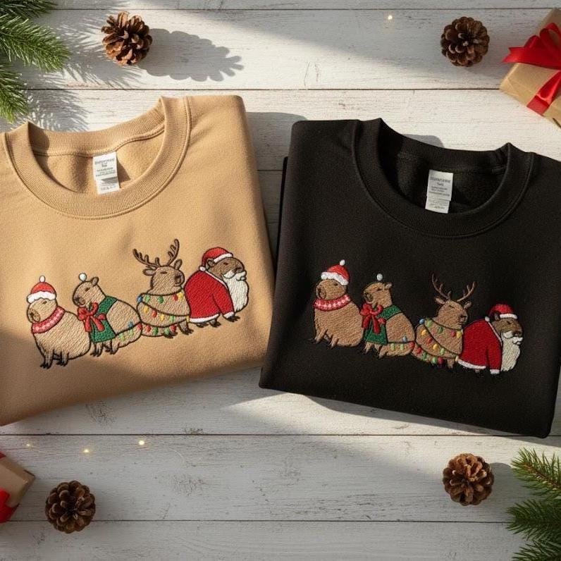 Capybara Merry Christmas Embroidered Sweatshirt | Cute Capybara Santa Crewneck | Holiday Lights Sweater for Women | Xmas Gift
