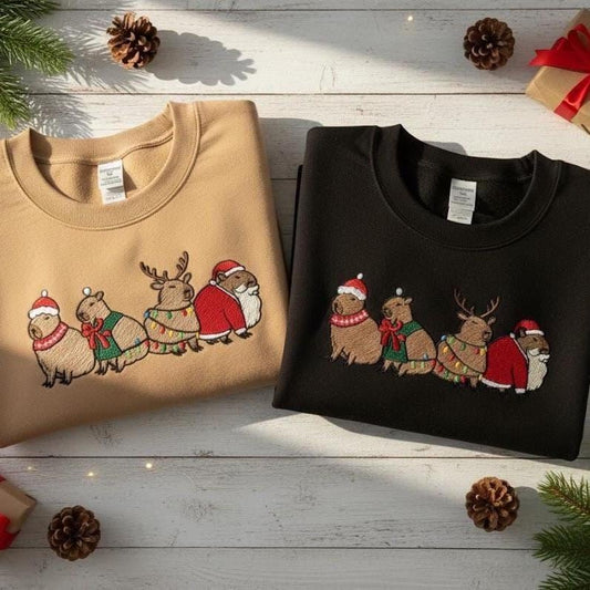 Capybara Merry Christmas Embroidered Sweatshirt | Cute Capybara Santa Crewneck | Holiday Lights Sweater for Women | Xmas Gift