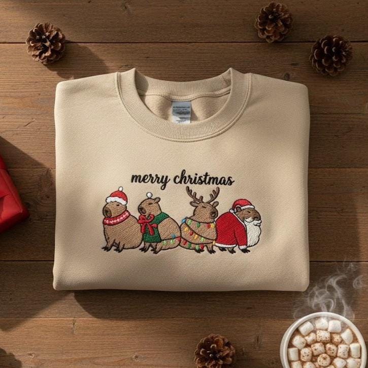 Capybara Merry Christmas Embroidered Sweatshirt | Cute Capybara Santa Crewneck | Holiday Lights Sweater for Women | Xmas Gift