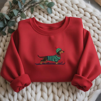 Embroidered Skiing Dachshund Christmas Sweatshirt, Cute Sausage Dog Xmas Shirt, Holiday Gift for Dog Lovers, Santa Hat Wiener Dog Sweater
