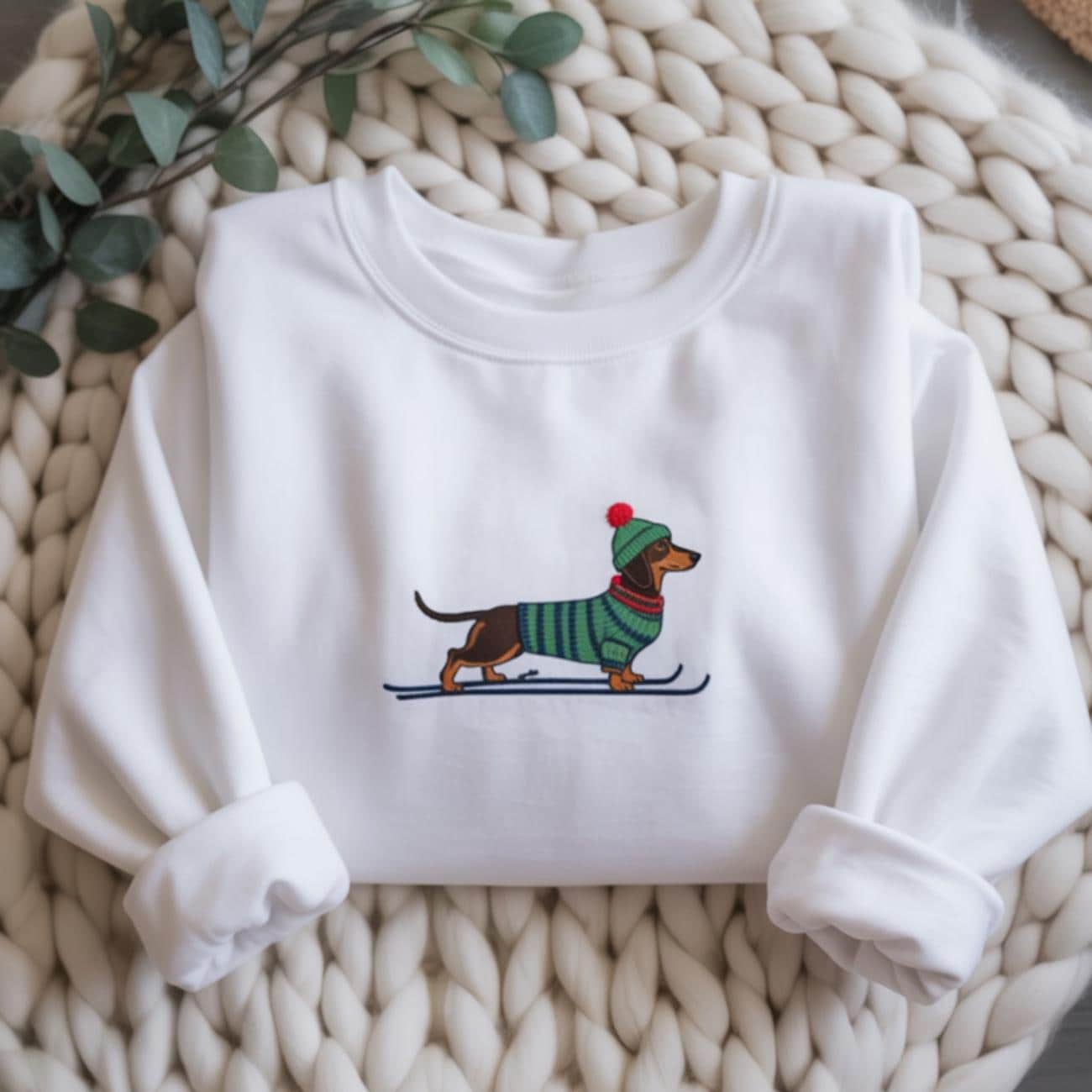 Embroidered Skiing Dachshund Christmas Sweatshirt, Cute Sausage Dog Xmas Shirt, Holiday Gift for Dog Lovers, Santa Hat Wiener Dog Sweater