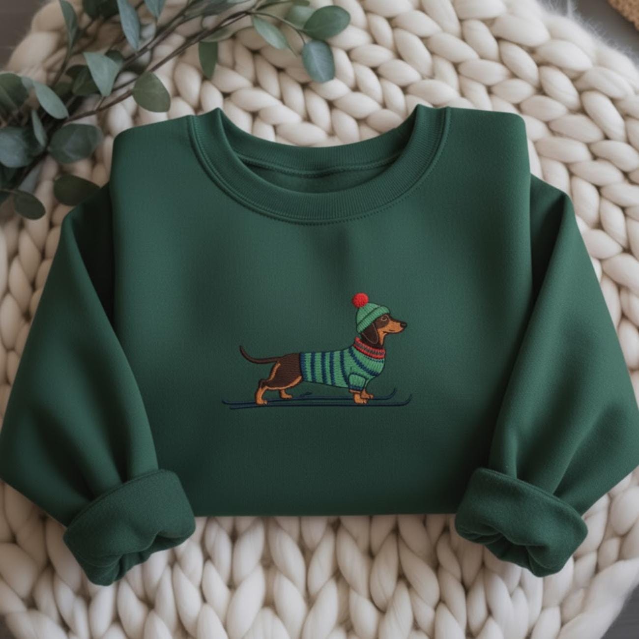 Embroidered Skiing Dachshund Christmas Sweatshirt, Cute Sausage Dog Xmas Shirt, Holiday Gift for Dog Lovers, Santa Hat Wiener Dog Sweater