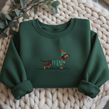 Embroidered Skiing Dachshund Christmas Sweatshirt, Cute Sausage Dog Xmas Shirt, Holiday Gift for Dog Lovers, Santa Hat Wiener Dog Sweater