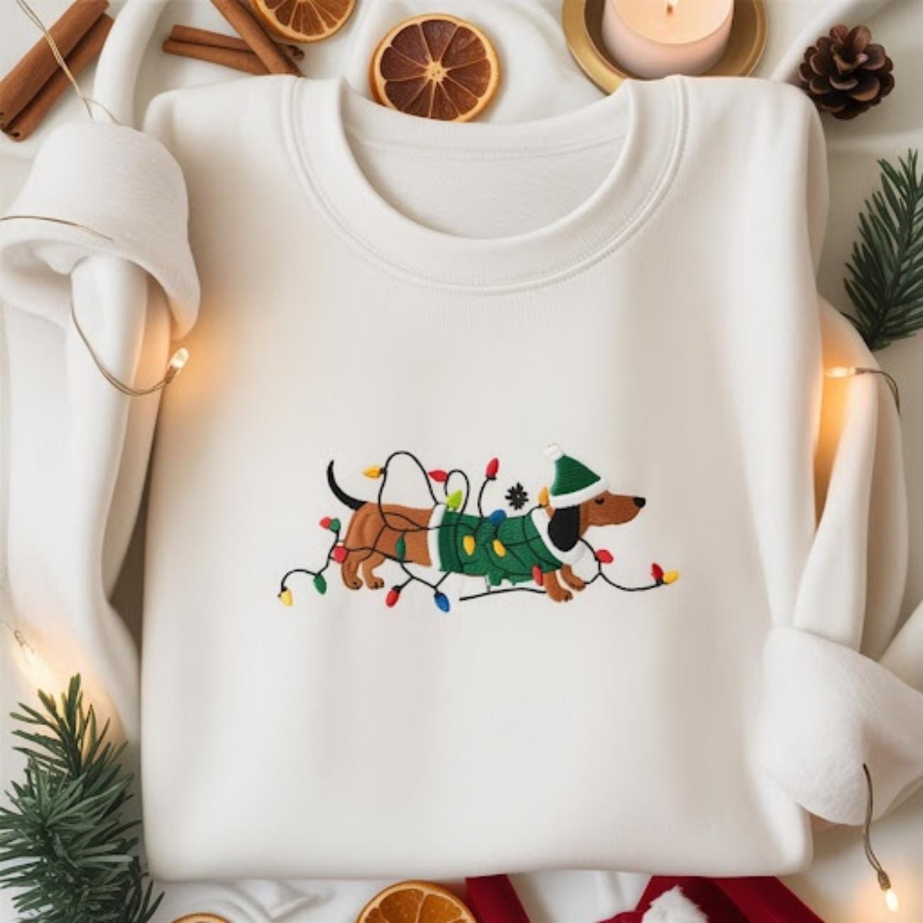 Embroidered Dachshund Christmas Sweatshirt, Cute Sausage Dog Xmas Shirt, Dachshund Lights Christmas Shirt, Santa Hat Wiener Dog Sweater