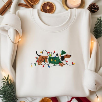 Embroidered Dachshund Christmas Sweatshirt, Cute Sausage Dog Xmas Shirt, Dachshund Lights Christmas Shirt, Santa Hat Wiener Dog Sweater