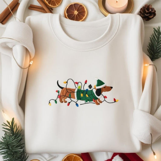 Embroidered Dachshund Christmas Sweatshirt, Cute Sausage Dog Xmas Shirt, Dachshund Lights Christmas Shirt, Santa Hat Wiener Dog Sweater