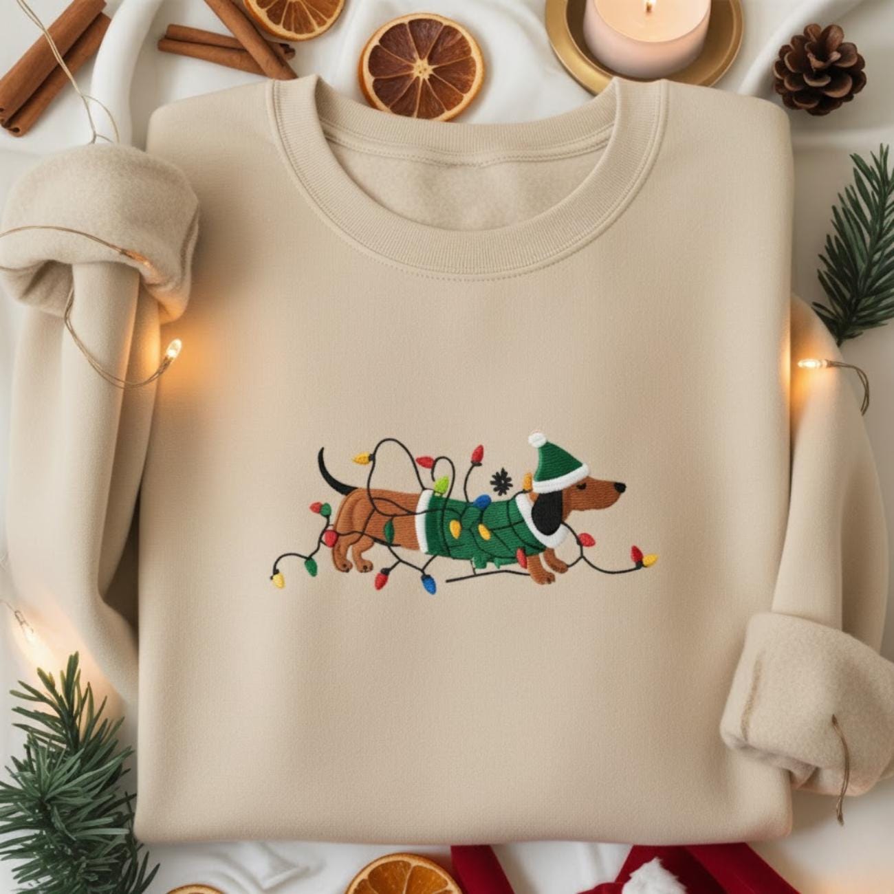Embroidered Dachshund Christmas Sweatshirt, Cute Sausage Dog Xmas Shirt, Dachshund Lights Christmas Shirt, Santa Hat Wiener Dog Sweater