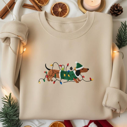 Embroidered Dachshund Christmas Sweatshirt, Cute Sausage Dog Xmas Shirt, Dachshund Lights Christmas Shirt, Santa Hat Wiener Dog Sweater