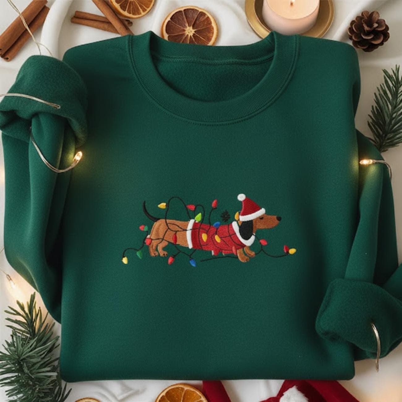Embroidered Dachshund Christmas Sweatshirt, Cute Sausage Dog Xmas Shirt, Dachshund Lights Christmas Shirt, Santa Hat Wiener Dog Sweater