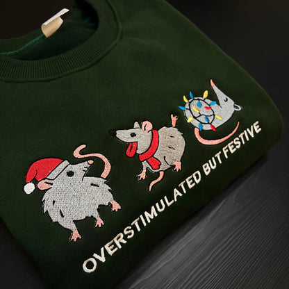 Embroidered Overstimulated But Festive Possum Christmas Shirt | Funny Holiday Embroidery Tee | Meme Possum Gift | Xmas Shirt