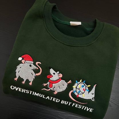 Embroidered Overstimulated But Festive Possum Christmas Shirt | Funny Holiday Embroidery Tee | Meme Possum Gift | Xmas Shirt