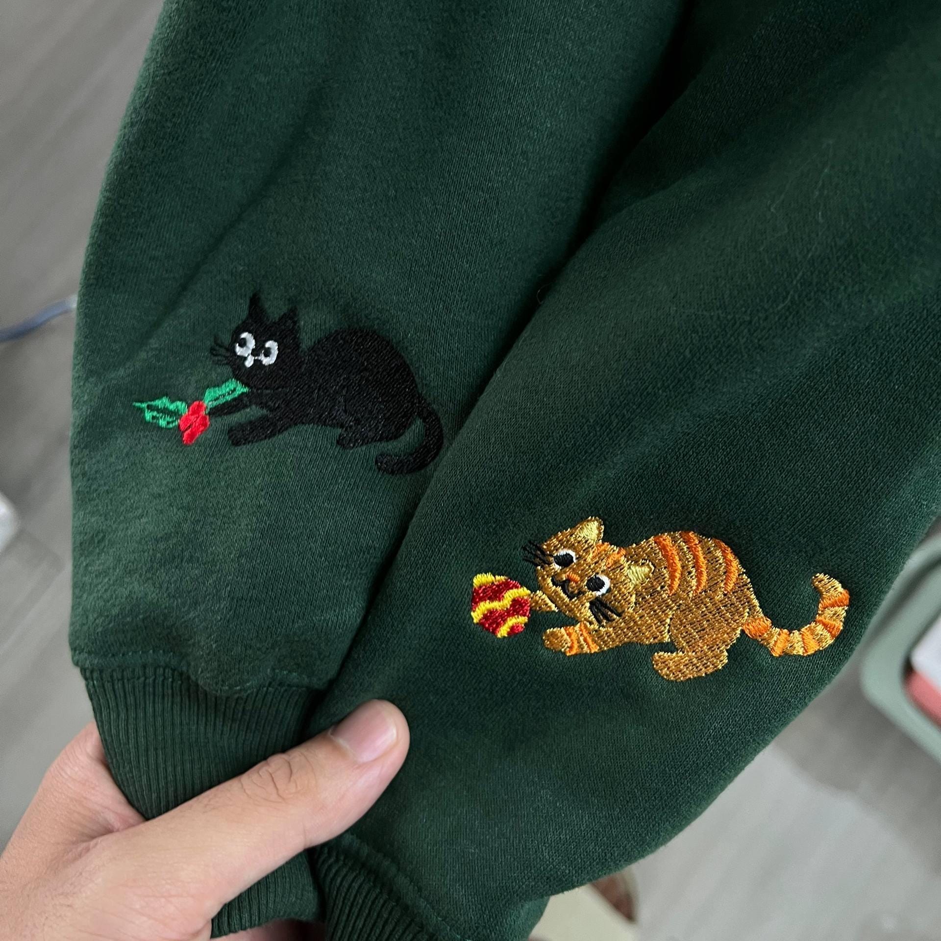 Orange Cat Embroidered Christmas Sweatshirt | Funny Holiday Hoodie | Cute Cozy Cat Lover Embroidered Christmas Sweater