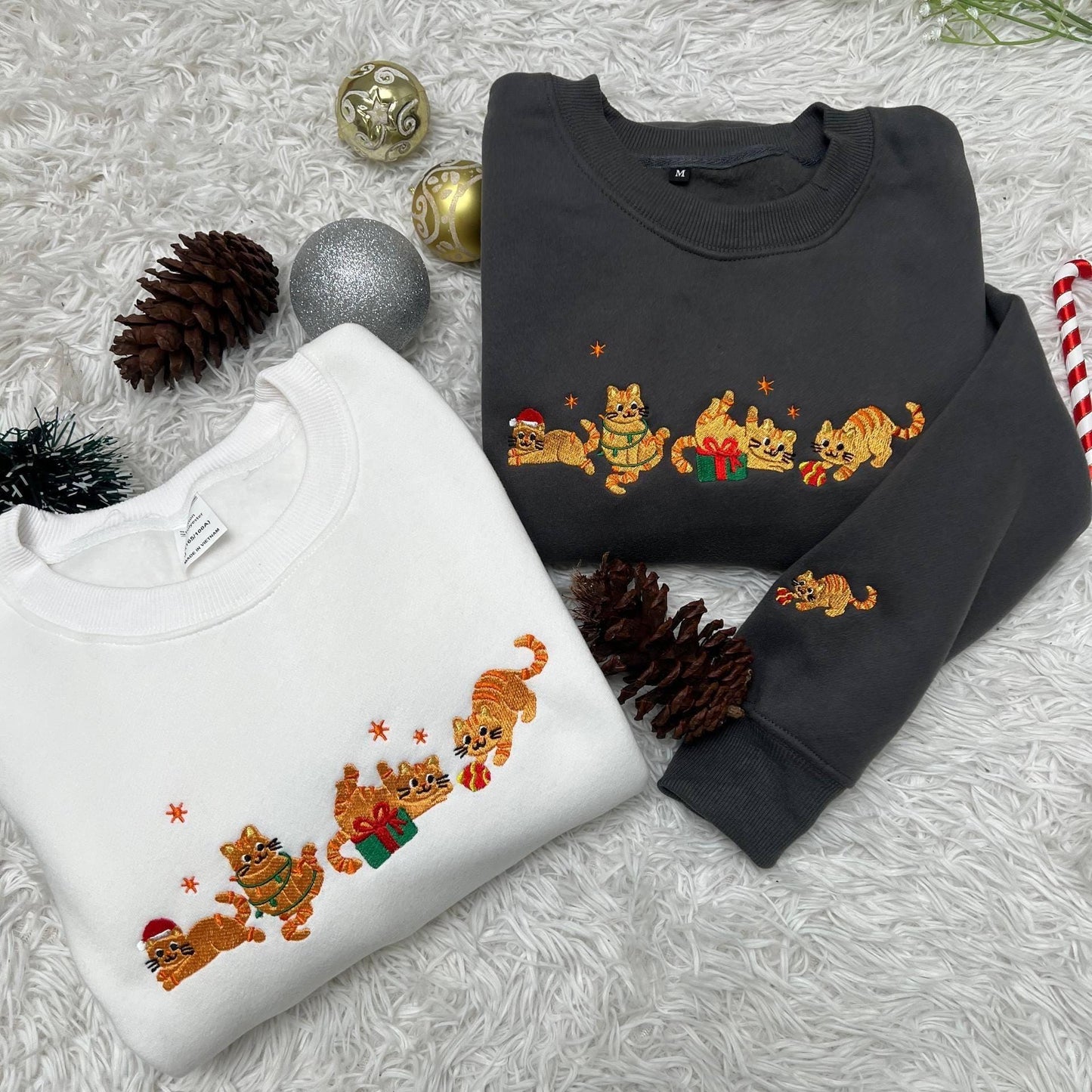 Orange Cat Embroidered Christmas Sweatshirt | Funny Holiday Hoodie | Cute Cozy Cat Lover Embroidered Christmas Sweater