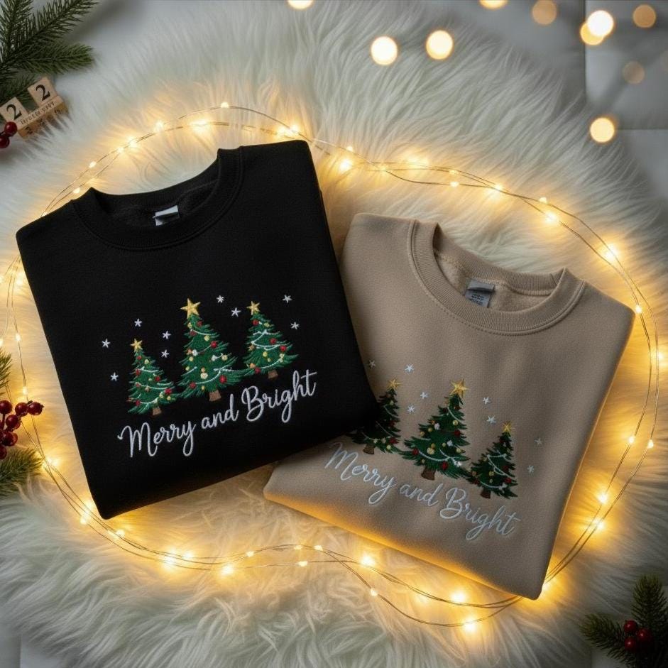 Embroidered Merry and Bright Sweatshirt | Coquette Christmas Bow Crewneck | Pine Tree Holiday Gift