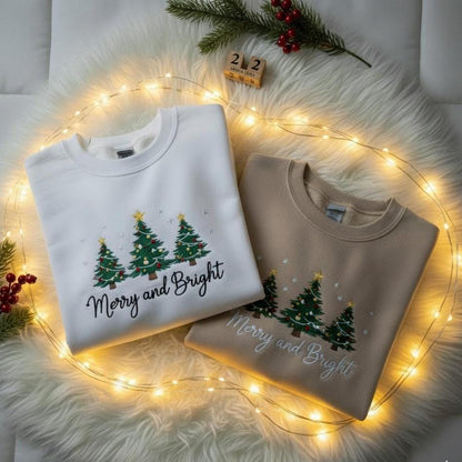 Embroidered Merry and Bright Sweatshirt | Coquette Christmas Bow Crewneck | Pine Tree Holiday Gift
