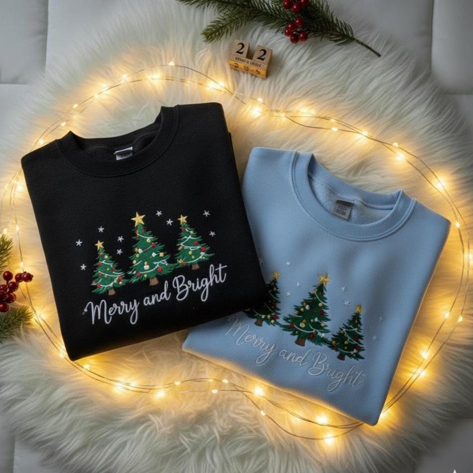 Embroidered Merry and Bright Sweatshirt | Coquette Christmas Bow Crewneck | Pine Tree Holiday Gift
