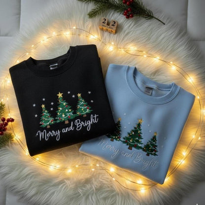 Embroidered Merry and Bright Sweatshirt | Coquette Christmas Bow Crewneck | Pine Tree Holiday Gift