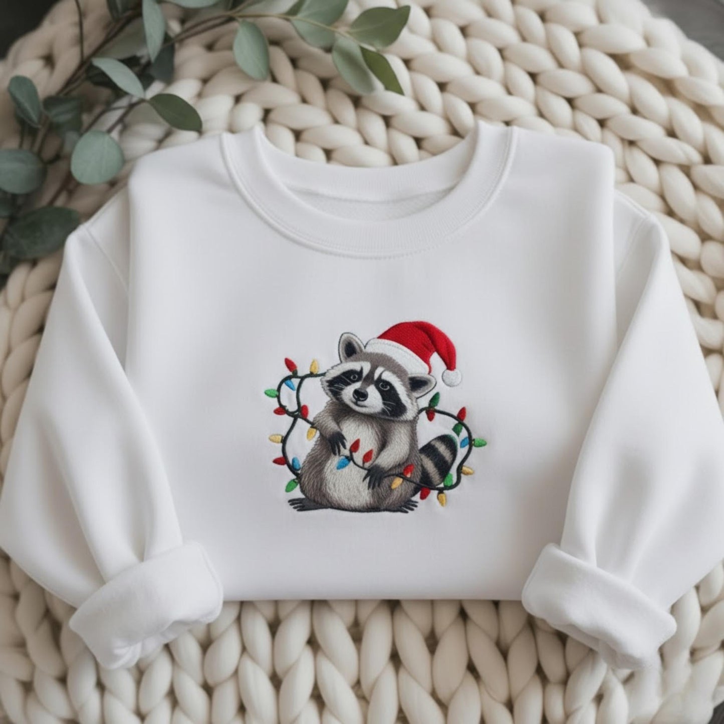 Raccoon Embroidered Sweatshirt, Funny Christmas Raccoons Crewneck, Holiday Lights Sweater, Cute Trash Panda Shirt, Animal Xmas Gift
