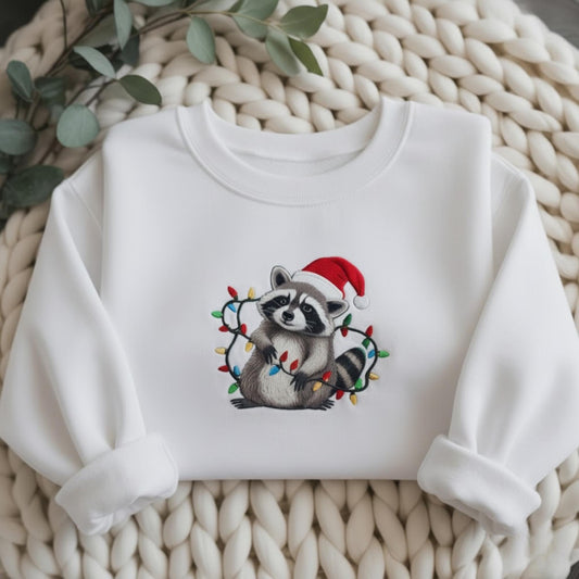 Raccoon Embroidered Sweatshirt, Funny Christmas Raccoons Crewneck, Holiday Lights Sweater, Cute Trash Panda Shirt, Animal Xmas Gift
