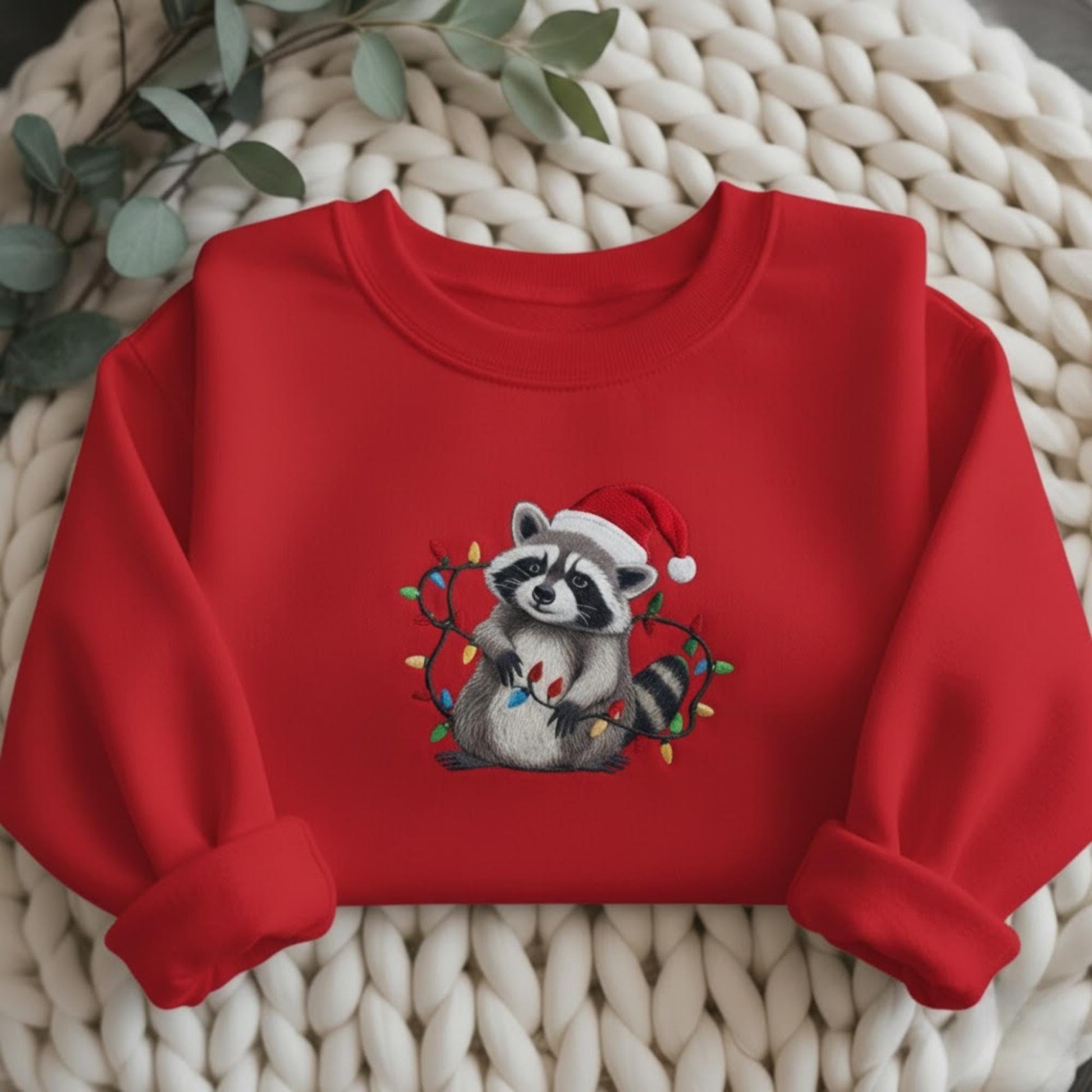Raccoon Embroidered Sweatshirt, Funny Christmas Raccoons Crewneck, Holiday Lights Sweater, Cute Trash Panda Shirt, Animal Xmas Gift