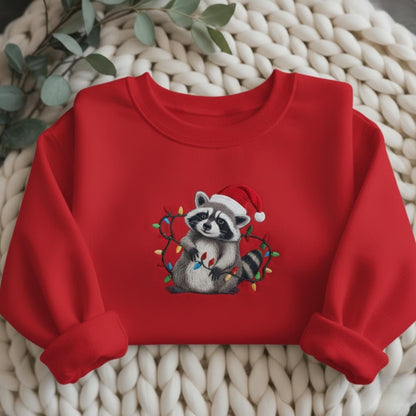 Raccoon Embroidered Sweatshirt, Funny Christmas Raccoons Crewneck, Holiday Lights Sweater, Cute Trash Panda Shirt, Animal Xmas Gift