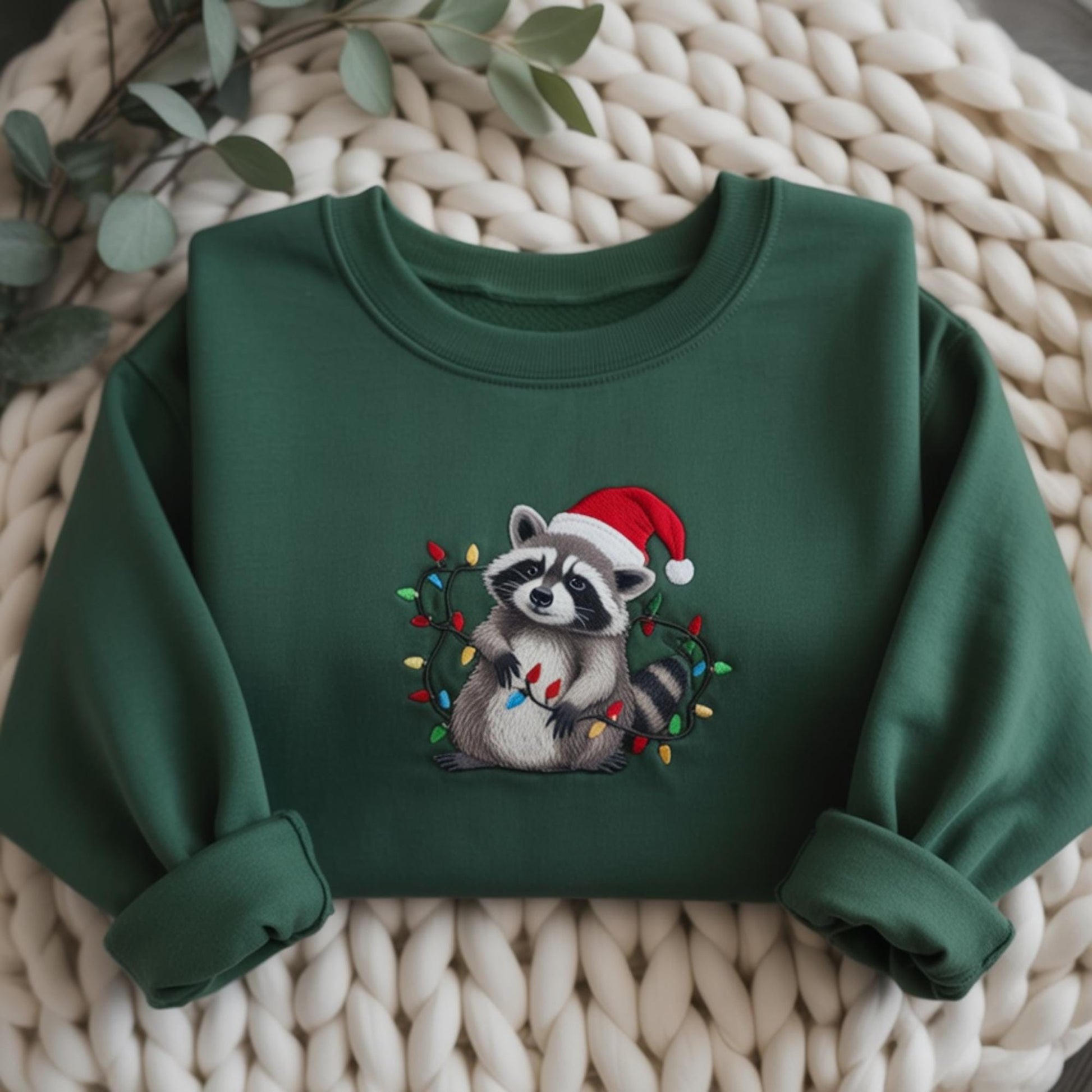 Raccoon Embroidered Sweatshirt, Funny Christmas Raccoons Crewneck, Holiday Lights Sweater, Cute Trash Panda Shirt, Animal Xmas Gift