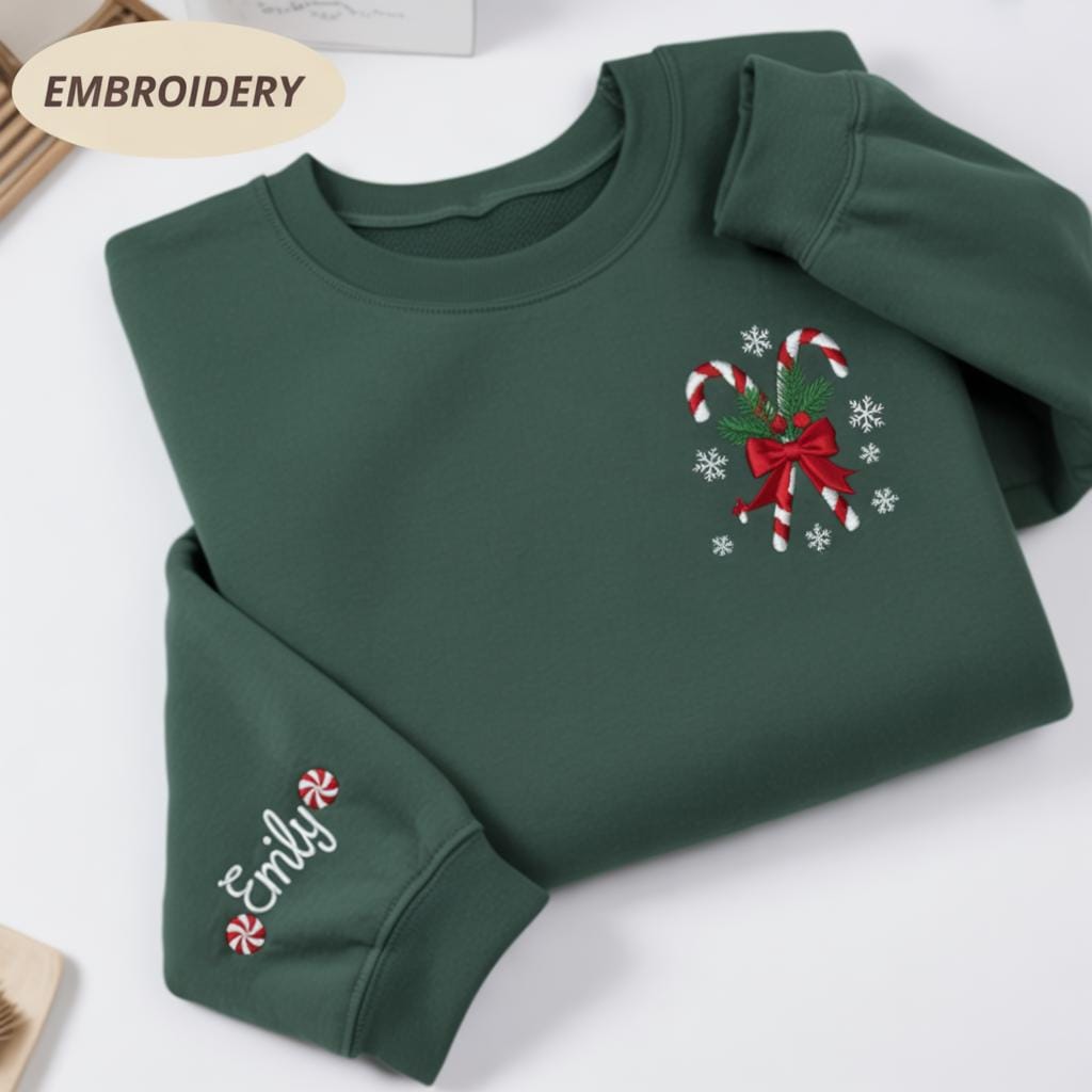 Embroidered Christmas Sweatshirt, Candy Cane Shirt, Christmas Sweater for Women, Christmas Hoodie, Cute Christmas Gift, Holiday Winter Tee