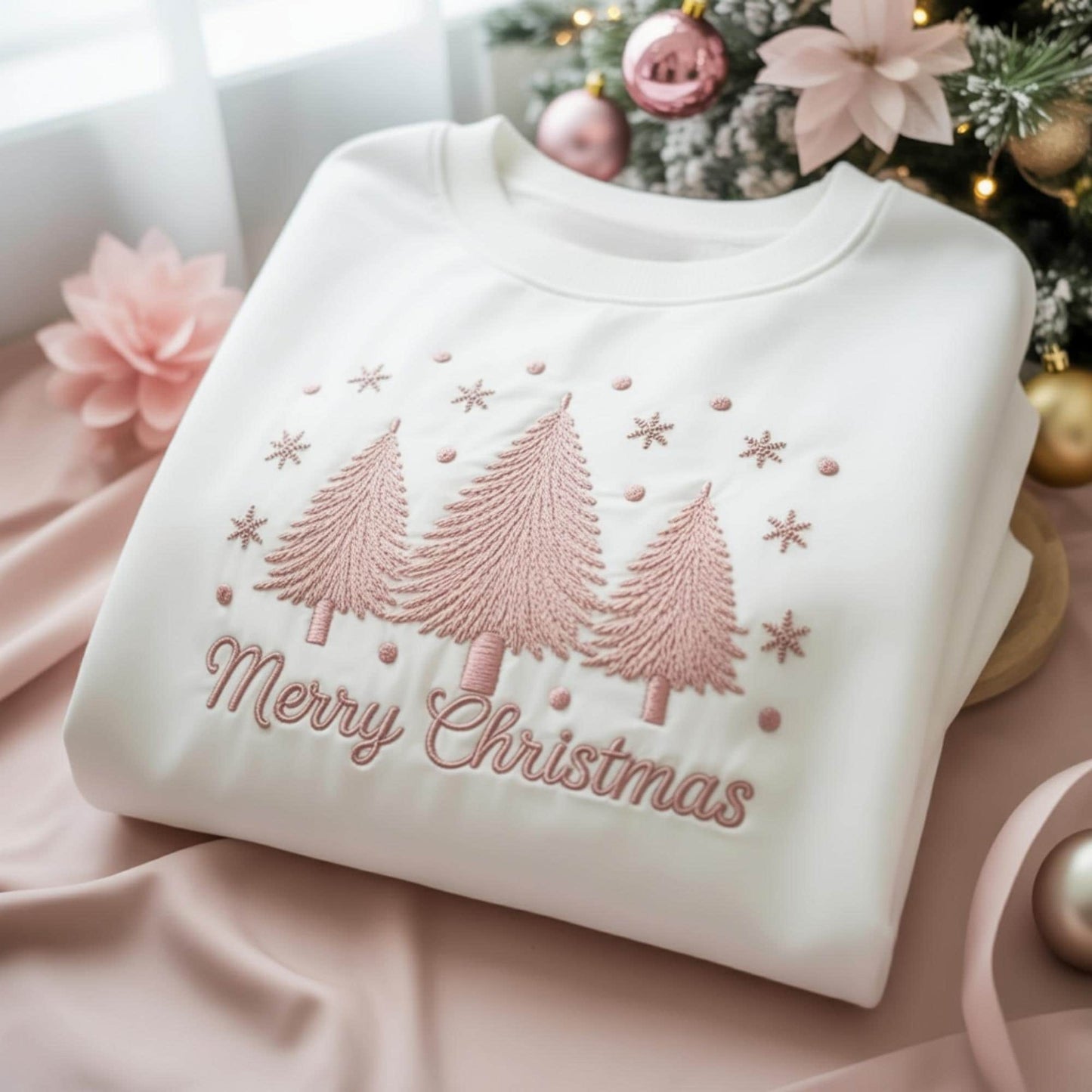 Embroidered Merry Christmas Sweatshirt, Embroidered Christmas Coquette Crewneck Sweatshirt, Embroidered Xmas Tree Sweater, Ugly Sweater