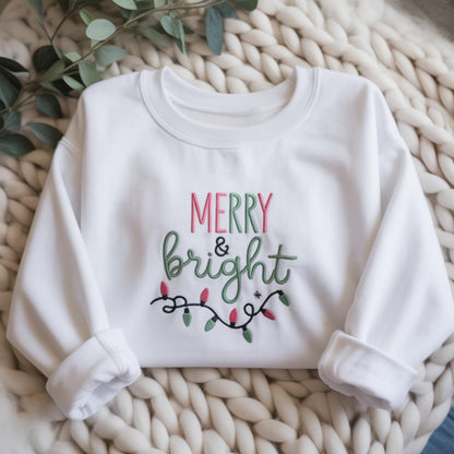 Embroidered Merry & Bright Christmas Lights Sweatshirt, Cute Holiday Crewneck, Cozy Festive Hoodie, Winter Aesthetic Xmas Gift for Her