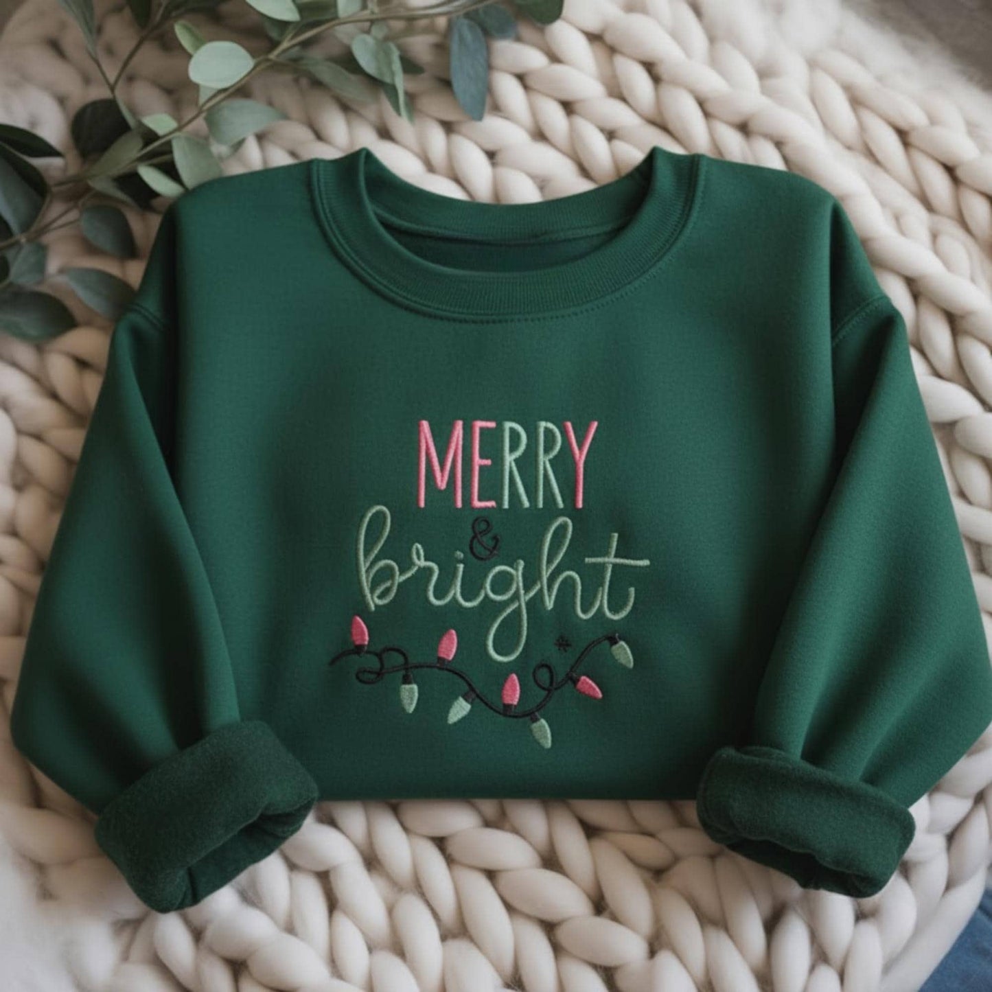 Embroidered Merry & Bright Christmas Lights Sweatshirt, Cute Holiday Crewneck, Cozy Festive Hoodie, Winter Aesthetic Xmas Gift for Her