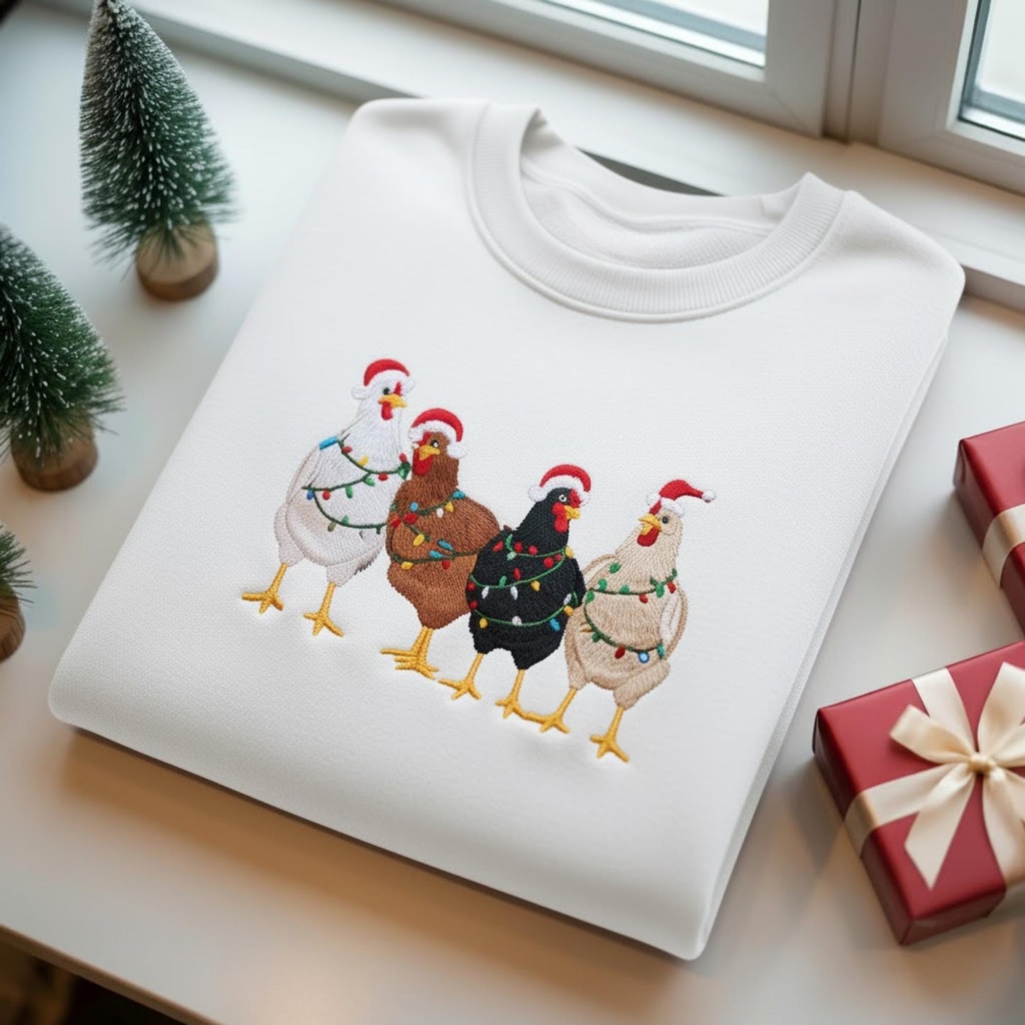 Embroidered Christmas Chickens Sweatshirt, Funny Chicken Christmas Shirt, Holiday Farm Sweatshirt, Farm Lover Xmas Gift