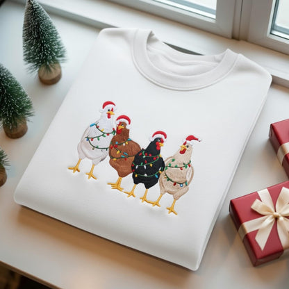 Embroidered Christmas Chickens Sweatshirt, Funny Chicken Christmas Shirt, Holiday Farm Sweatshirt, Farm Lover Xmas Gift
