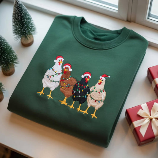 Embroidered Christmas Chickens Sweatshirt, Funny Chicken Christmas Shirt, Holiday Farm Sweatshirt, Farm Lover Xmas Gift