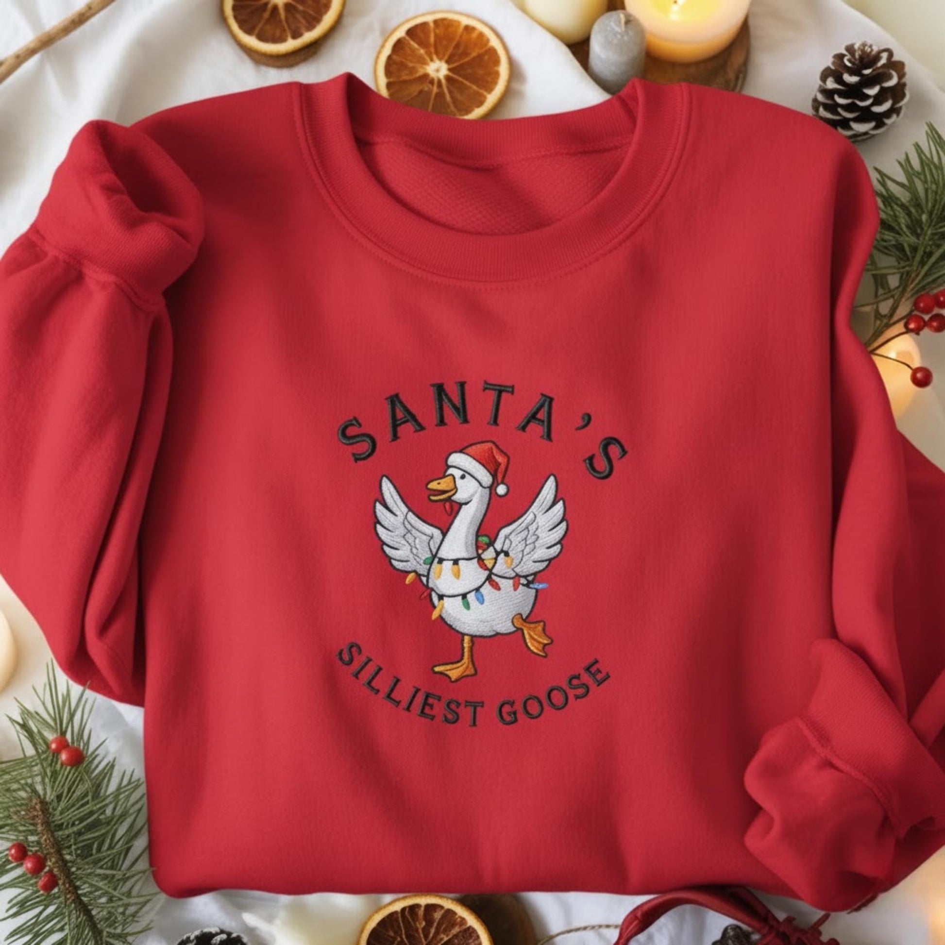 Embroidered Silly Goose Christmas Sweatshirt, Funny Holiday Goose Crewneck, Santa Goose Lights Sweater, Cute Xmas Gift for Goose Lovers