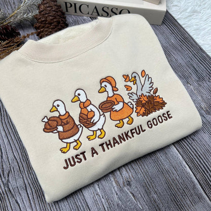 Just a Thankful Goose Embroidered Shirt | Silly Goose Embroidery Tee | Funny Thanksgiving Fall Embroidered Top for Family & Friends