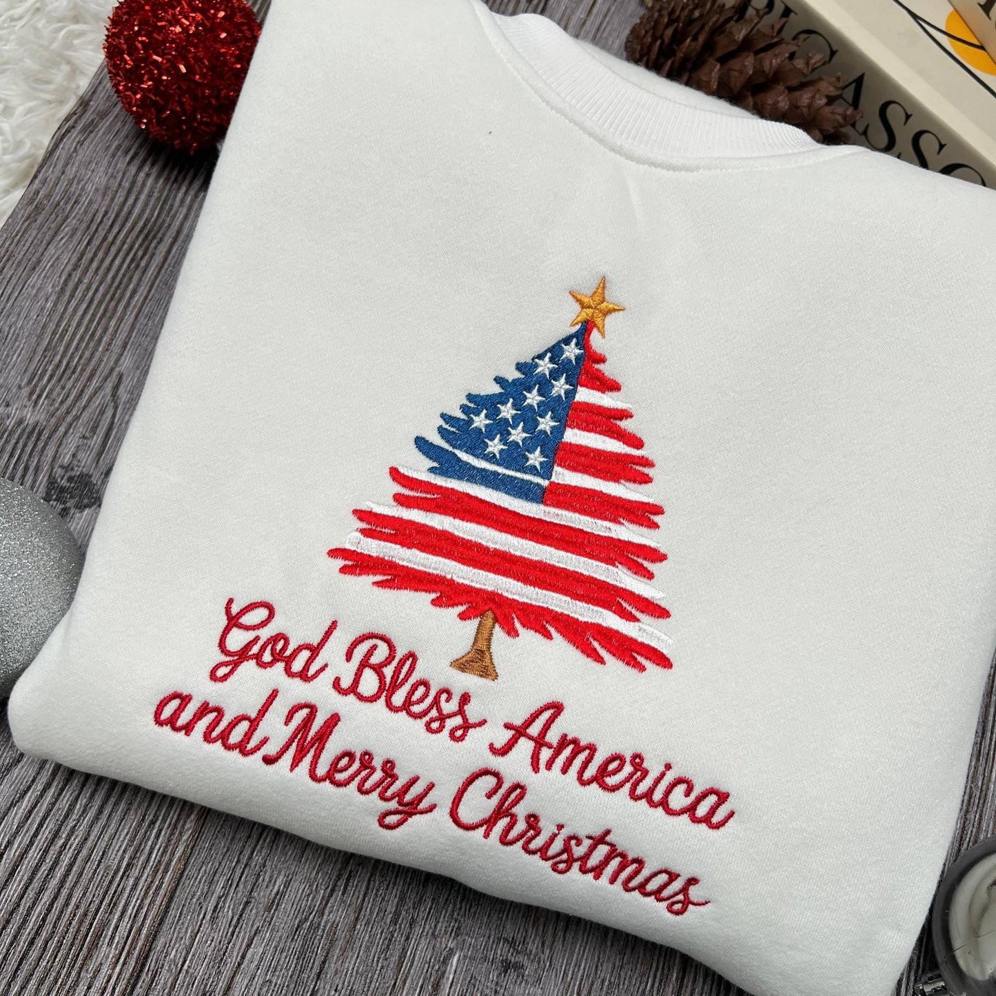 Patriotic Christmas Tree Embroidered Shirt, USA Flag Holiday Embroidery Tee, Festive New Year Embroidered Top, Christmas Embroidery Gift